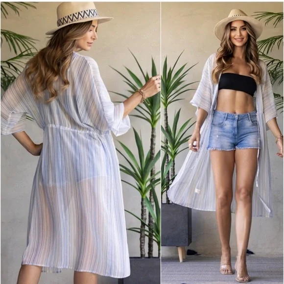 Summer beach sheer coverup swimsuit cover kravet striped kimono top - Picture 2 of 2